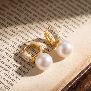 Dainty Pearl Drop Pave Huggie Hoop Earrings