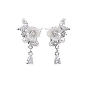 Dainty Floral Pearl Pear CZ Drop Stud Earrings