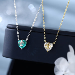 Vintage Iris Flower Heart CZ Charm Necklace