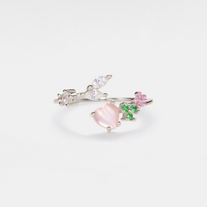 Pink Heart Flower Leaf Stacking Bypass Ring
