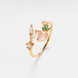 Pink Heart Flower Leaf Stacking Bypass Ring