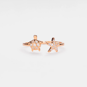 Stapelring mit Meeresschildkröte und Seestern am Strand