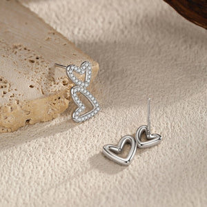 Dainty Pave CZ Dual Open Heart Stud Earrings