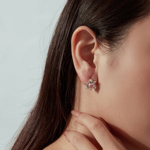 Elegant Pink CZ Flower Huggie Hoop Earrings