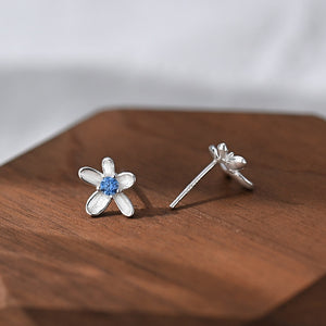 Dainty Textured Flower Blue CZ Stud Earrings