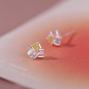 Dainty Tri-Color Princess Cut CZ Stud Earrings