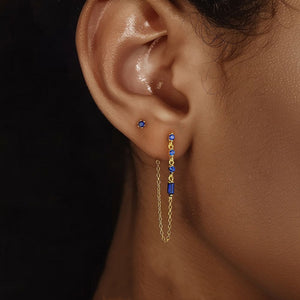 Multi Shape Blue CZ Chain Drop Stud Earrings