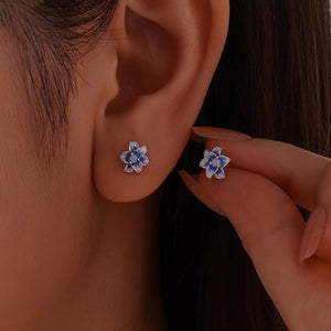 Tiny Blue Enamel Lily Floral Opal Stud Earrings