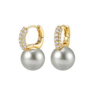 Dainty Pearl Drop Pave Huggie Hoop Earrings