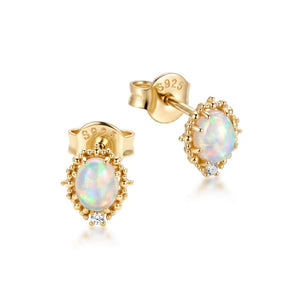 Dainty Oval Opal Beaded Crown Stud Earrings