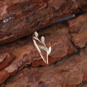 Botanical Vine Leaf Branch Pave CZ Band Ring