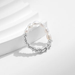 Half Pearl Coiled Silver Stretch Stackable Ring