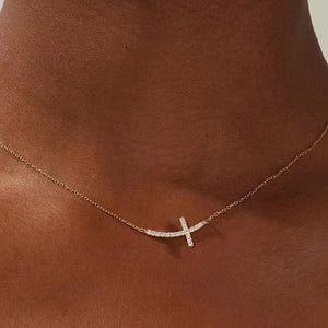 Dainty Pave Sideways Cross Charm Necklace