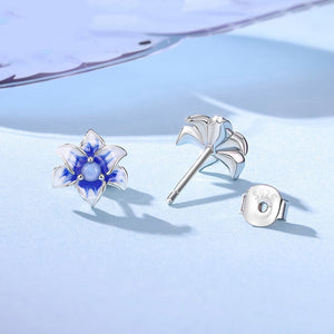 Tiny Blue Enamel Lily Floral Opal Stud Earrings
