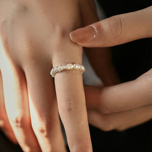 Half Pearl Coiled Silver Stretch Stackable Ring