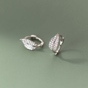 Botanical Leaf Pave CZ Huggie Hoop Earrings