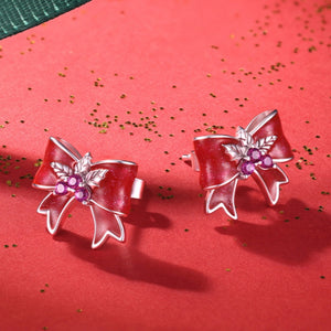 Holiday Holly Berry Ribbon Bow Stud Earrings