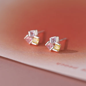 Dainty Tri-Color Princess Cut CZ Stud Earrings