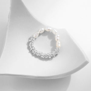 Half Pearl Coiled Silver Stretch Stackable Ring