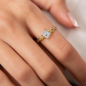 Tiny Princess Cut Solitaire Textured Band Ring