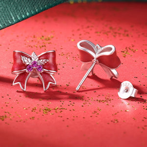Holiday Holly Berry Ribbon Bow Stud Earrings