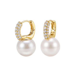 Dainty Pearl Drop Pave Huggie Hoop Earrings