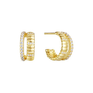 Ribbed Pave Dual Layered Open Hoop Earrings