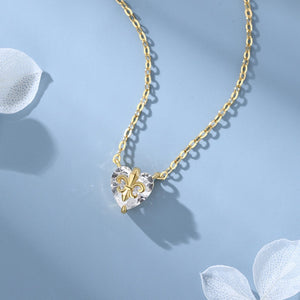 Vintage Iris Flower Heart CZ Charm Necklace