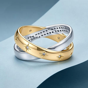Two-Tone Star Engraved Crisscross Band Ring