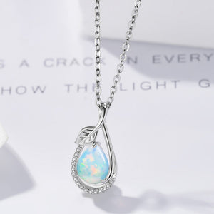 Sparkling Teardrop Opal Leaf Charm Necklace