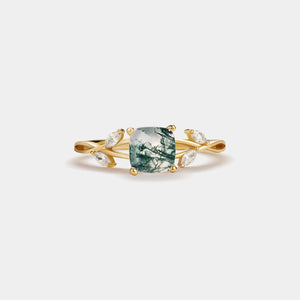 Natural Cushion-Cut Moss Agate Leaf Ring