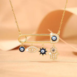 Safety Pin Evil Eye Hamsa Hand Necklace