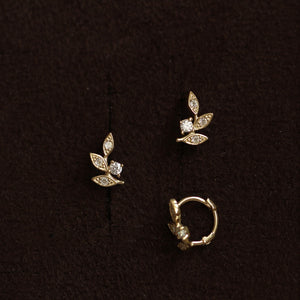 Botanical Leaf Pave CZ Huggie Hoop Earrings