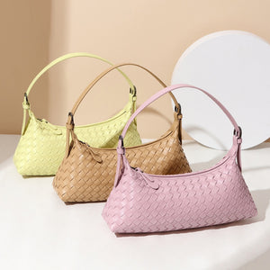 Woven Leather Baguette Shoulder Handbag