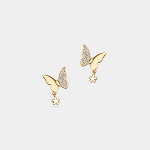 Dainty gold butterfly earrings with sparkling cz stones and a hanging flower charm
