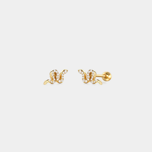 A pair of screw back crawler earrings designed to resemble a snake, with a gold plating on sterling silver, displayed against a white background.