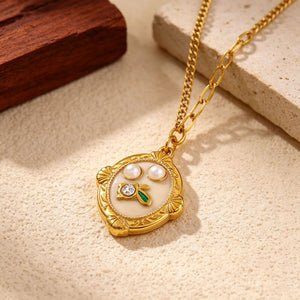 Dual Pearl Enamel Medallion Charm Necklace