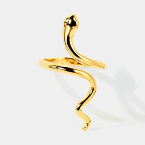 Gold snake-shaped ring on a white background