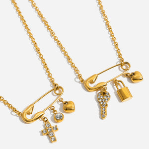 Gold Safety Pin Cross Key Heart Necklace