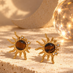 Dainty Sunburst Tiger Eye Stone Stud Earrings