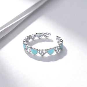 Dainty Blue Enamel Pave Heart Stackable Ring