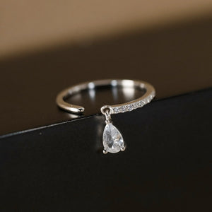 Dainty Pear Charm Pave Open Adjustable Ring