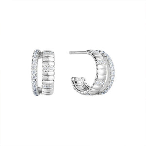 Ribbed Pave Dual Layered Open Hoop Earrings