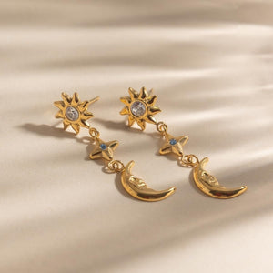Celestial Sun Star Moon CZ Drop Stud Earrings