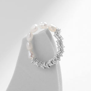 Half Pearl Coiled Silver Stretch Stackable Ring