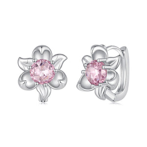 Elegant Pink CZ Flower Huggie Hoop Earrings