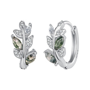 Dainty Moss Agate Leaf Branch Hoop Earrings