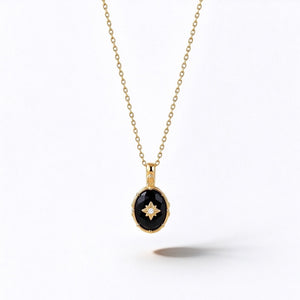 Dainty Oval Black Onyx Floral Charm Necklace