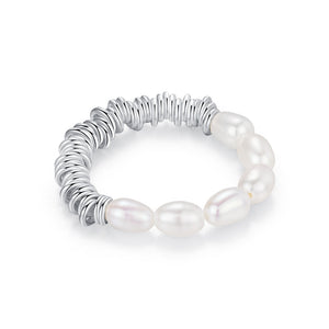Half Pearl Coiled Silver Stretch Stackable Ring