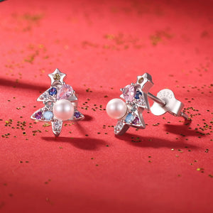 Christmas Tree Pearl Colorful CZ Stud Earrings